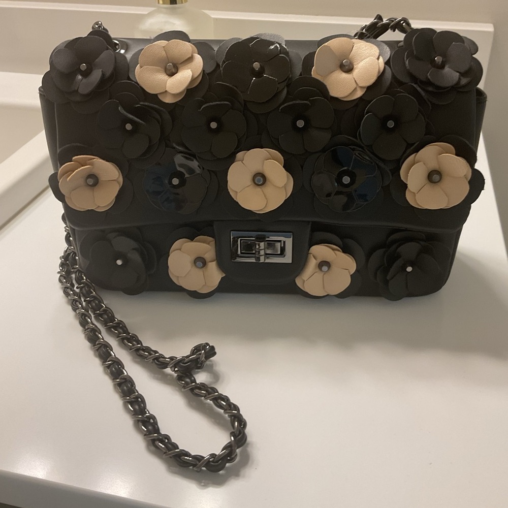 CLEO  Floral Embellished Black and Cream Bag